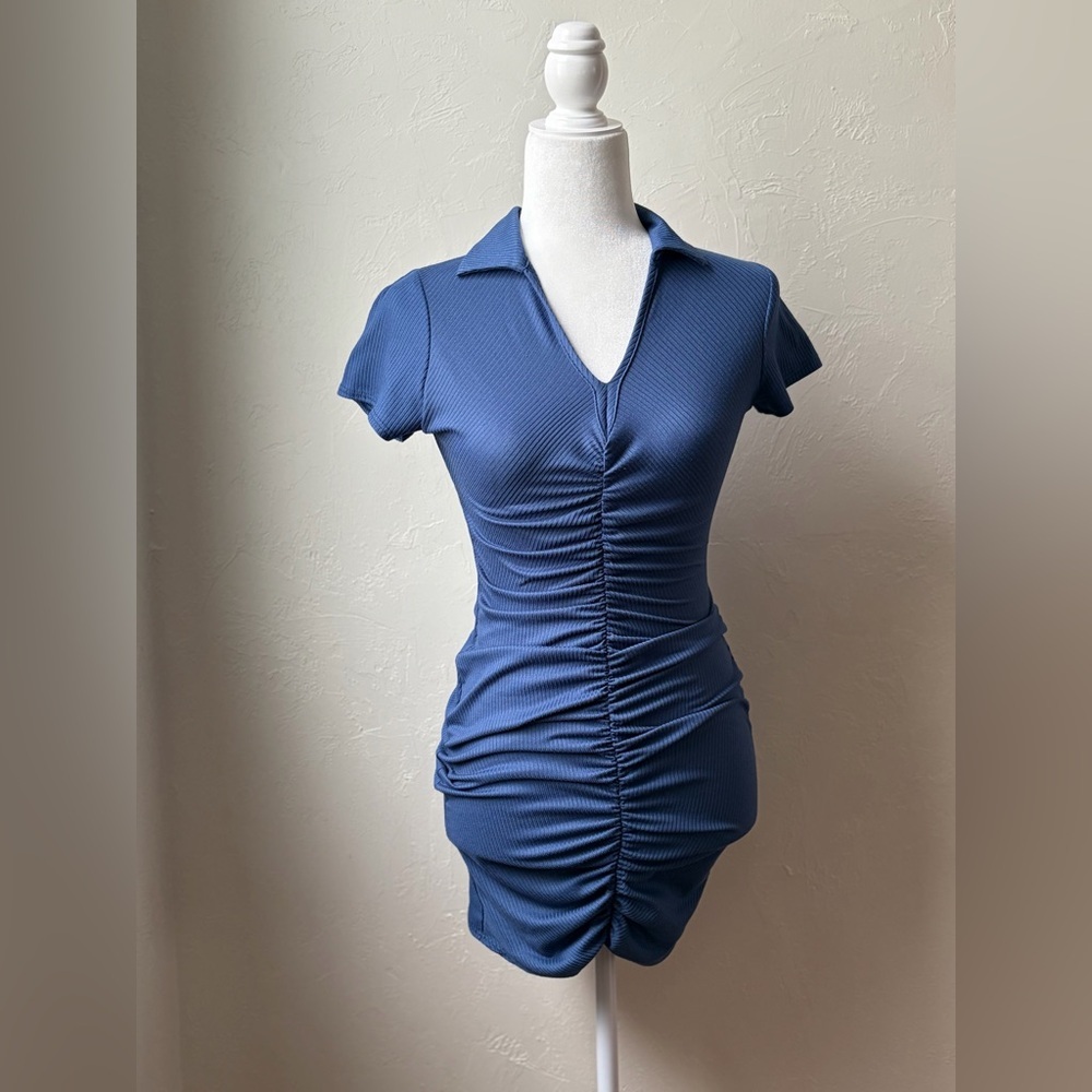LIVI by Olivia Rae Ruched Ribbed Polo Mini Dress Blue XS - Picture 5 of 9